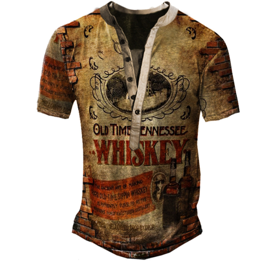 

Men's Outdoor Vintage Festive Whiskey Print Henley Shirt