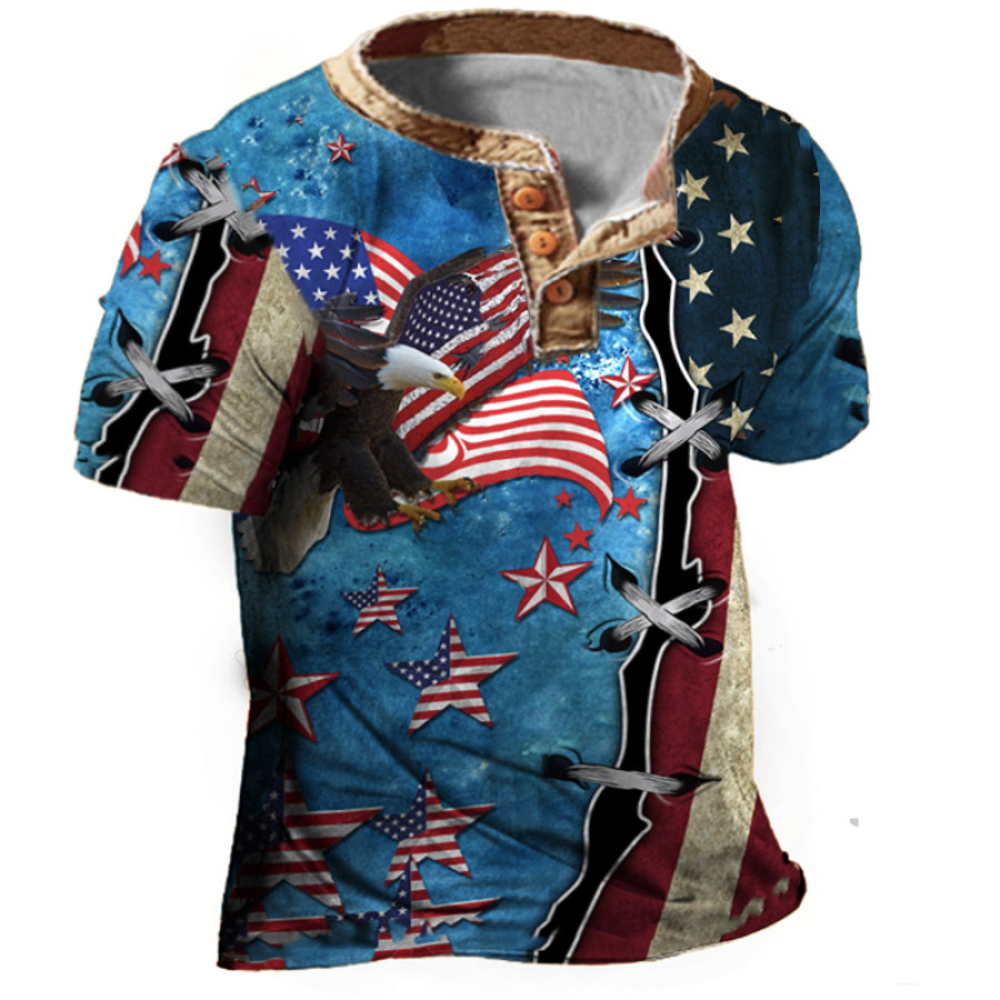 

Men's Outdoor Vintage Flag Print Henley Shirt