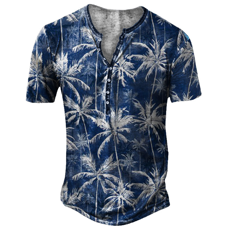 Men's Hawaiian Coconut Tree Chic Henley Collar T-shirt