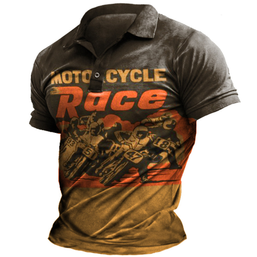 

Men's Vintage Motorcycle Race Print Polo Neck T-Shirt