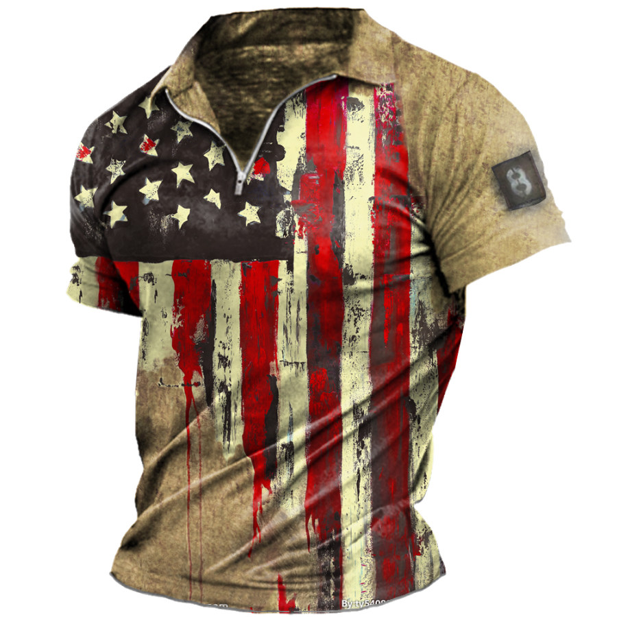 

Men's American Flag Print Zip T-Shirt