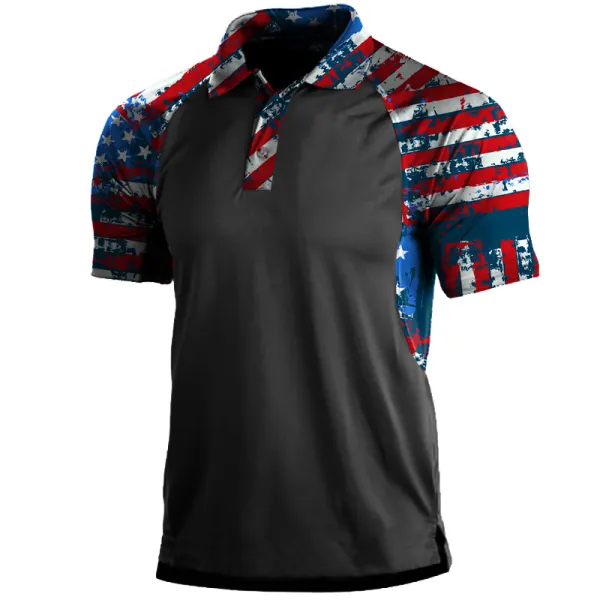 Men's American Flag Patchwork Print Polo Neck T-Shirt - Salolist.com 