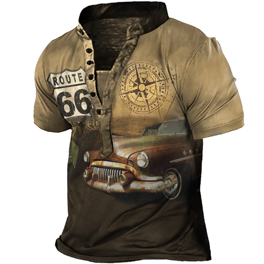 

Men's Route 66 Compass Vintage Print Henley Collar T-Shirt