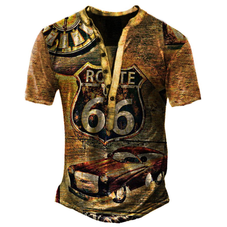 

Men's Vintage Route 66 Print Henley Collar T-Shirt