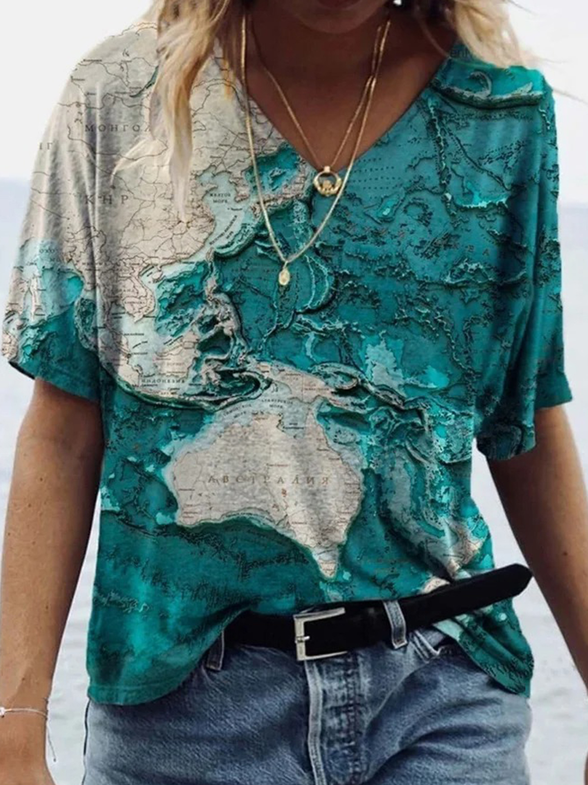 Women's Vintage World Map Print Chic T-shirt