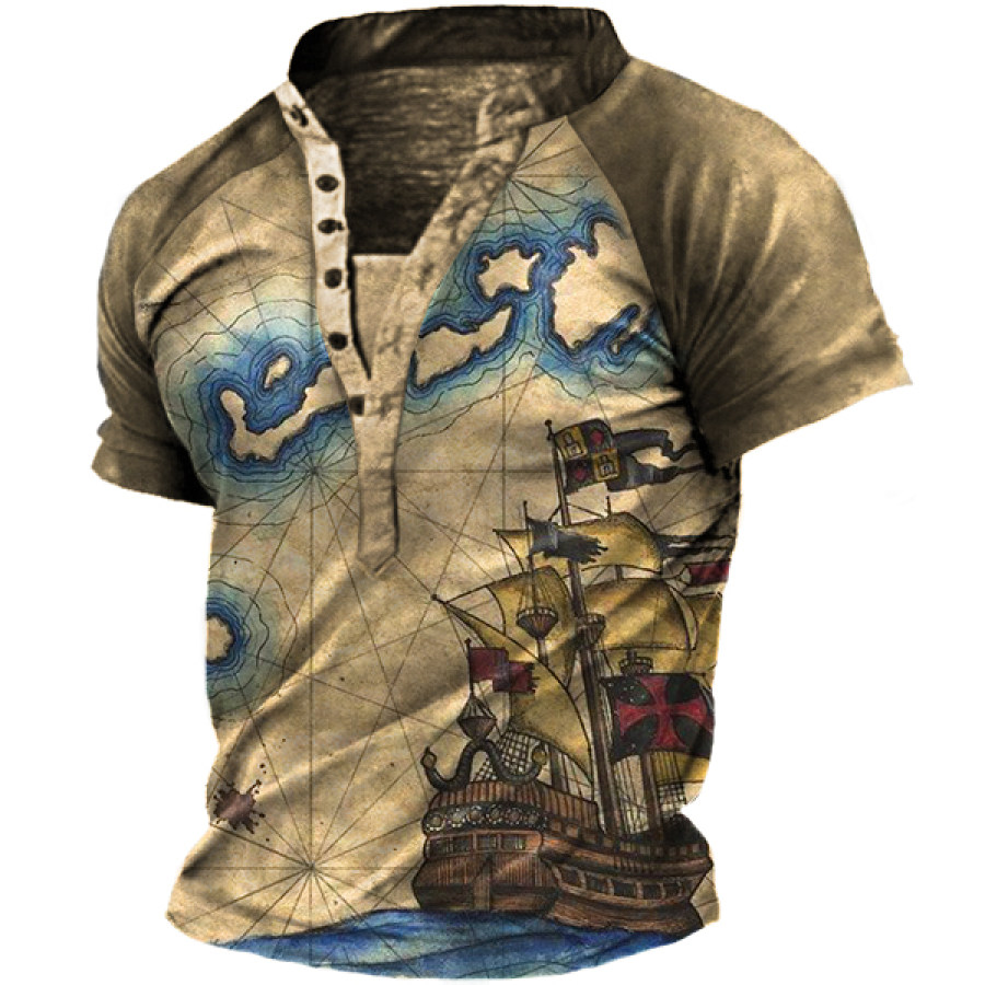 

Men's Outdoor Vintage Nautical Sailboat Print Henley Collar T-Shirt