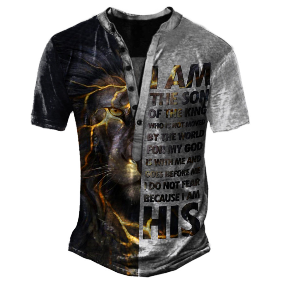 

My God Is With Me Men's Lion Print Henley Collar T-Shirt
