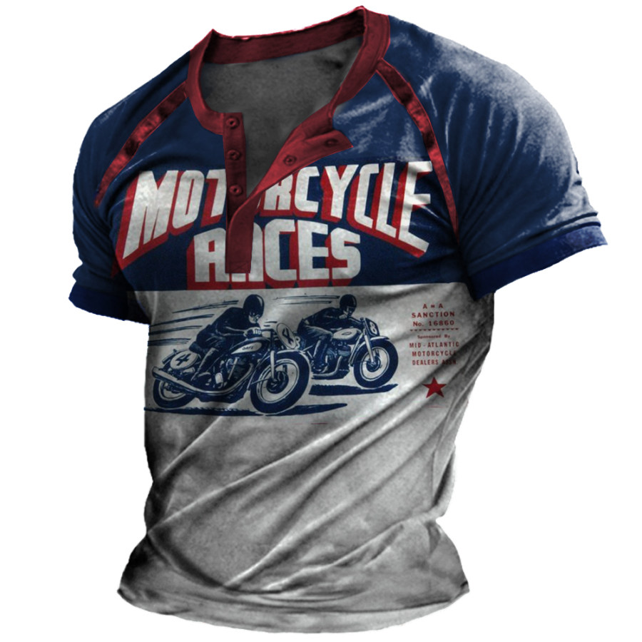

Men's Vintage Motorcycle Race Print Henley Collar T-Shirt