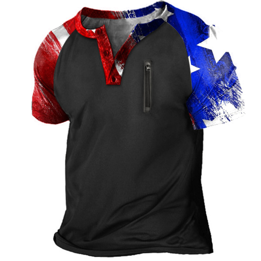 

Men's Outdoor Flag Print Patchwork Henley Shirt