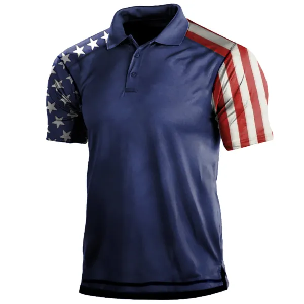 Men's Outdoor American Flag Print Polo Neck T-Shirt - Salolist.com 
