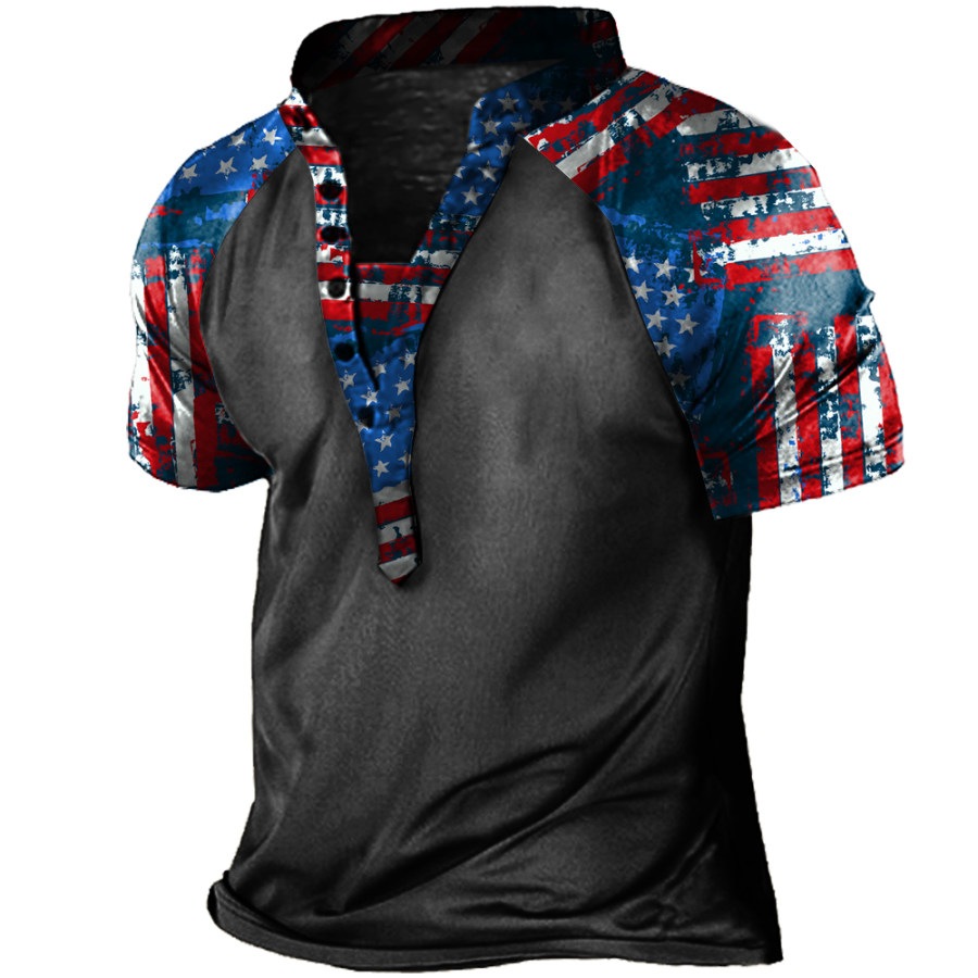 

Men's American Flag Patchwork Henley Collar T-Shirt