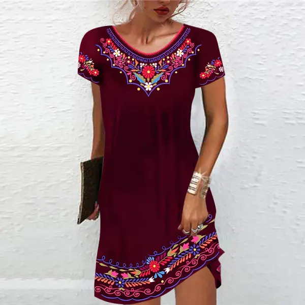 Women's Bohemian Print Short Sleeve Dress - Kalesafe.com 