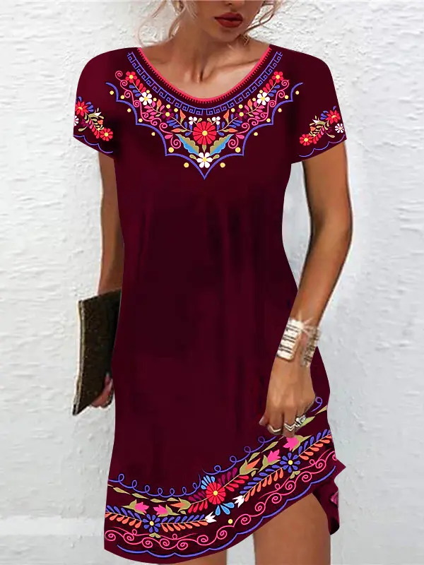 Women's Bohemian Print Short Sleeve Dress - Oasisjoy.com 