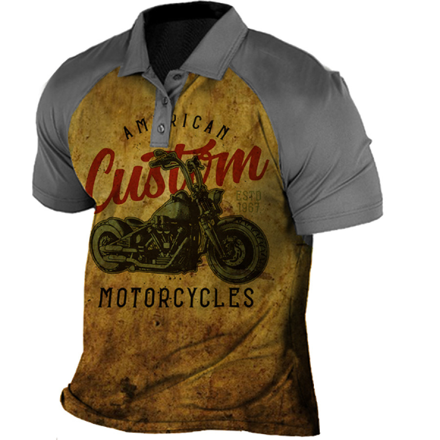 

Men's Vintage Motorcycle Print Polo Neck T-Shirt