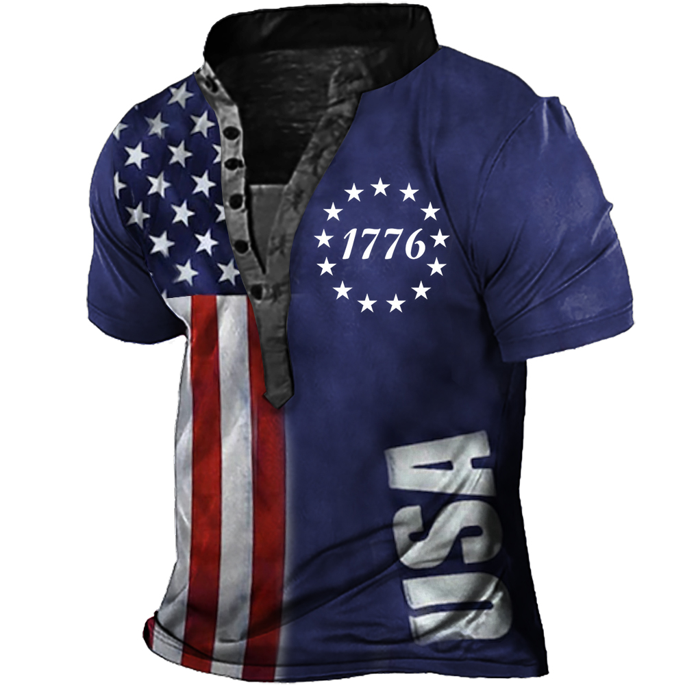 Men's 1776 American Flag Print Chic Henley Collar T-shirt
