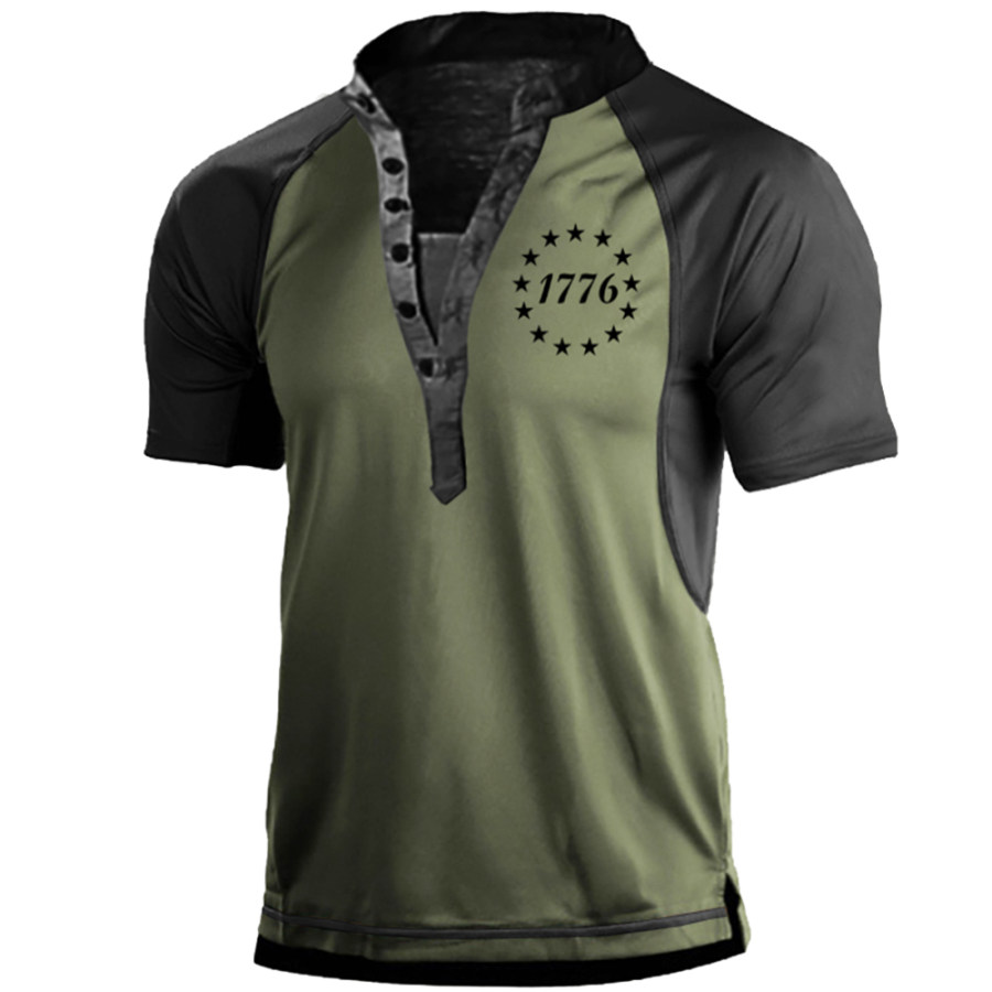 

Men's 1776 American Stars Print Henley Collar T-Shirt