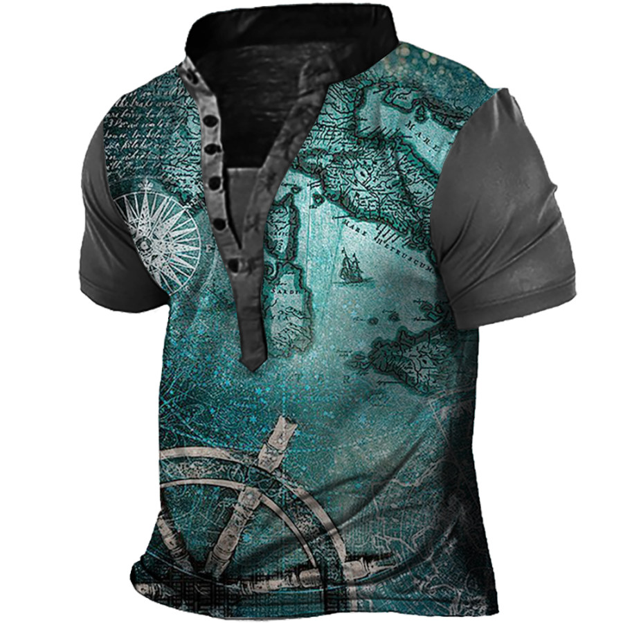 

Men's Vintage World Map Compass Print Henley T-Shirt