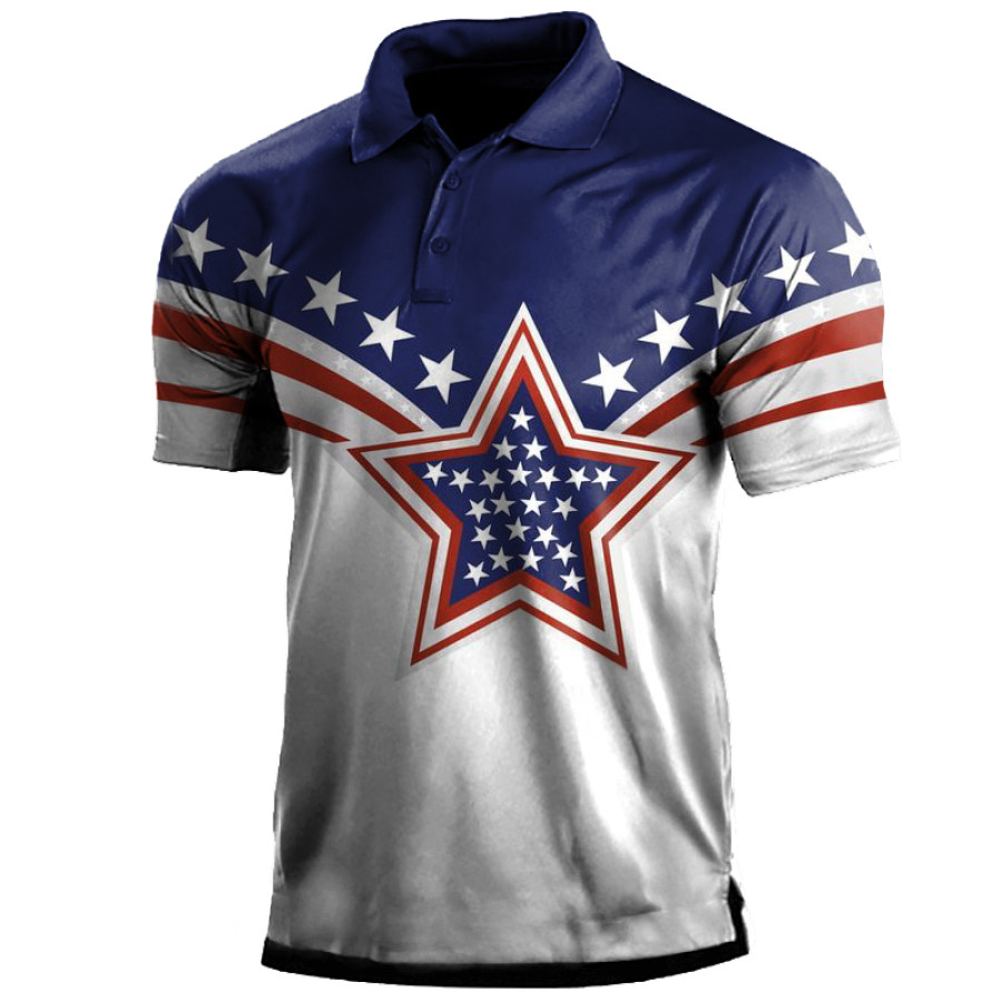 

Men's American Flag Stars Print Polo Neck T-Shirt