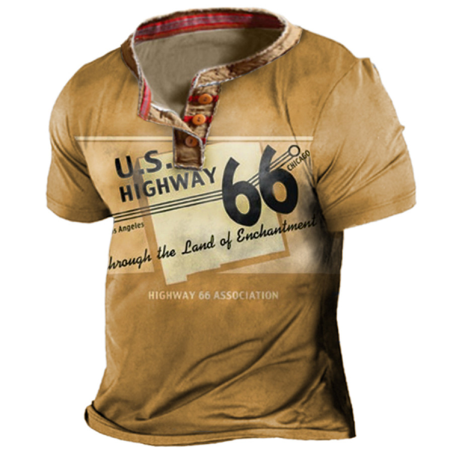 

Men's Vintage Route 66 Print Henley Collar T-Shirt