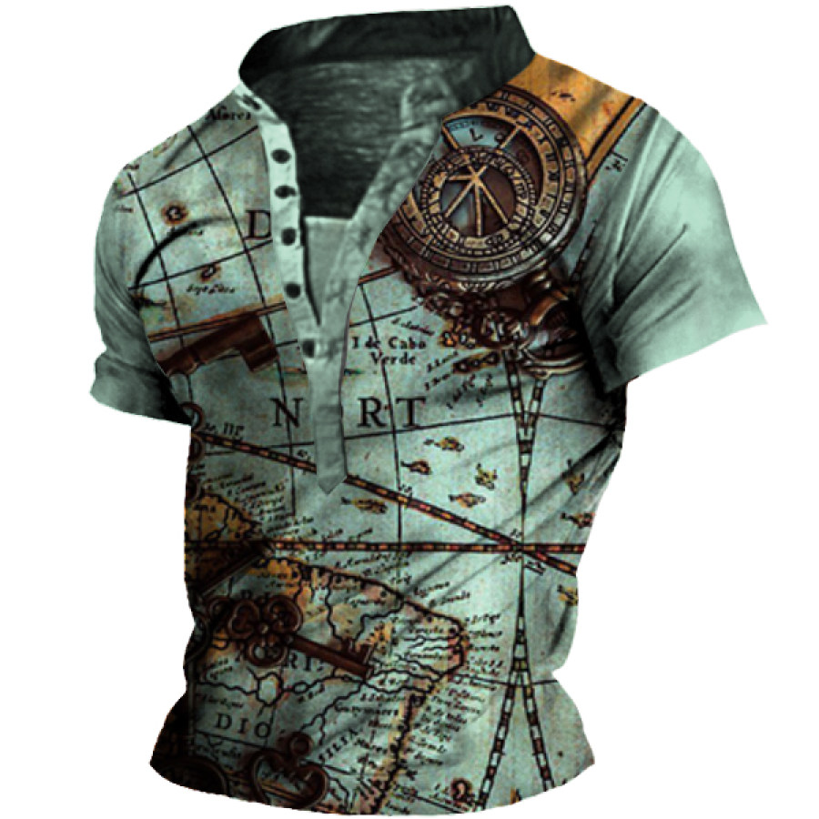 

Men's Vintage World Map Print Henley Collar T-Shirt