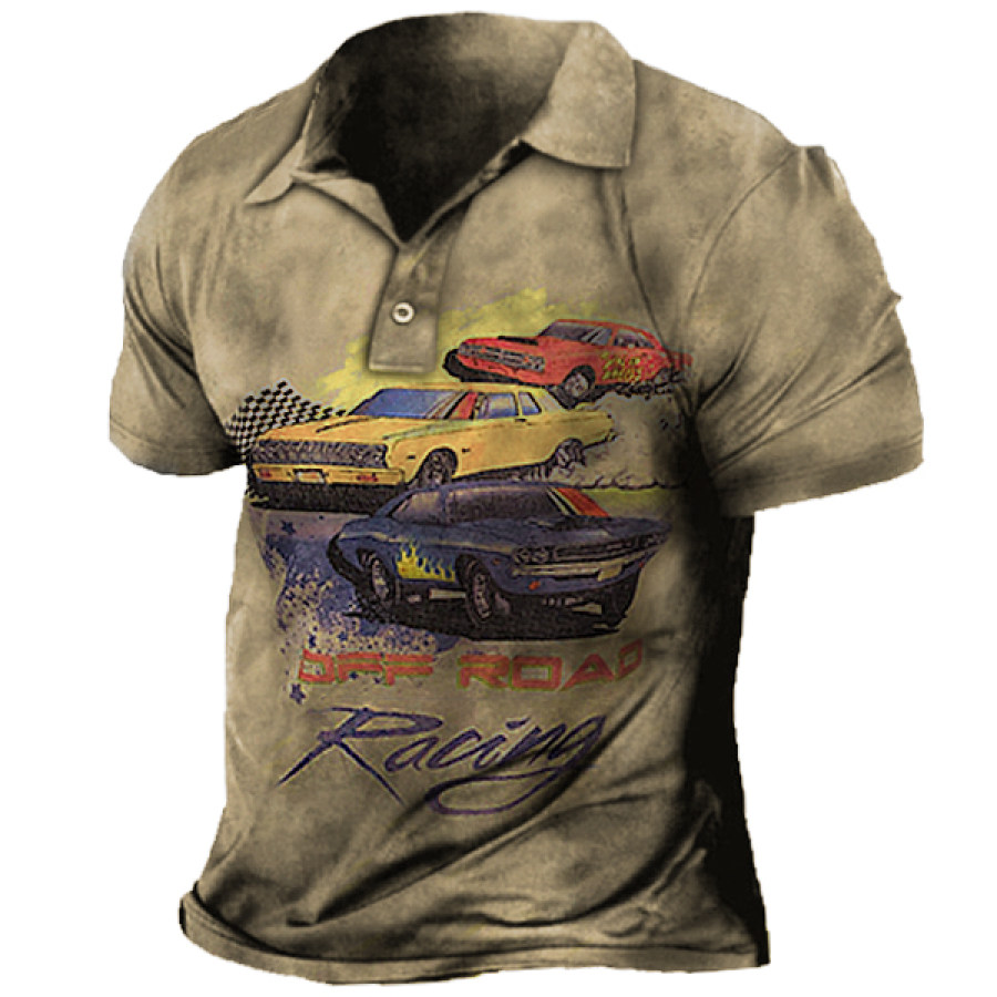 

Men's Vintage Racing Print Polo Neck T-Shirt