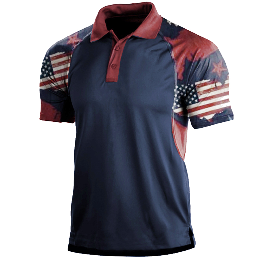 Men's Vintage American Flag Print Chic Polo Neck T-shirt
