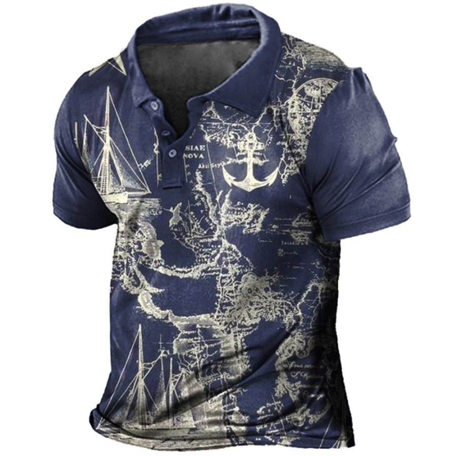 

Men's Vintage Nautical Map Anchor Print Polo Neck T-Shirt