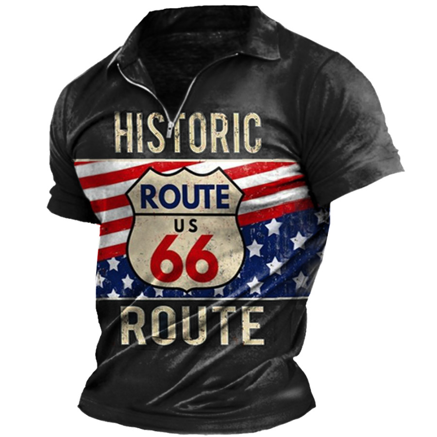 Men's Vintage America Route 66 Print Zip Neck T-Shirt