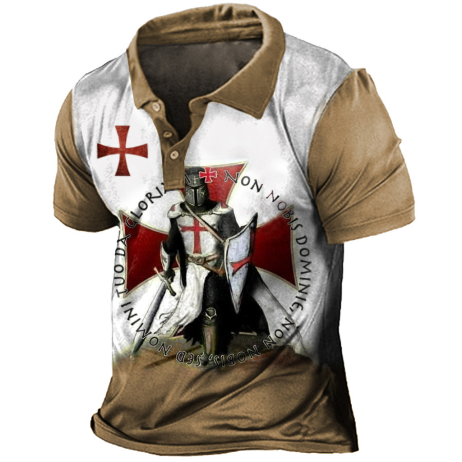 

Men's Vintage Templar Cross Print Henley Collar T-Shirt
