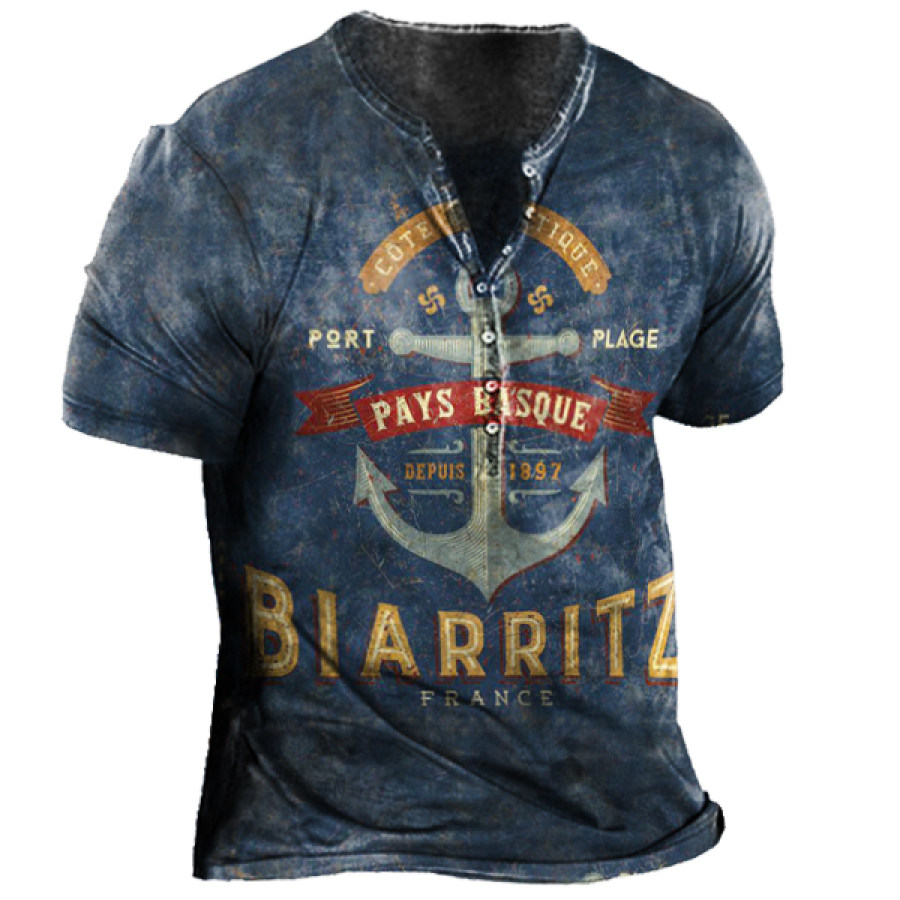

Men's Vintage Anchor Print Henley Collar T-Shirt