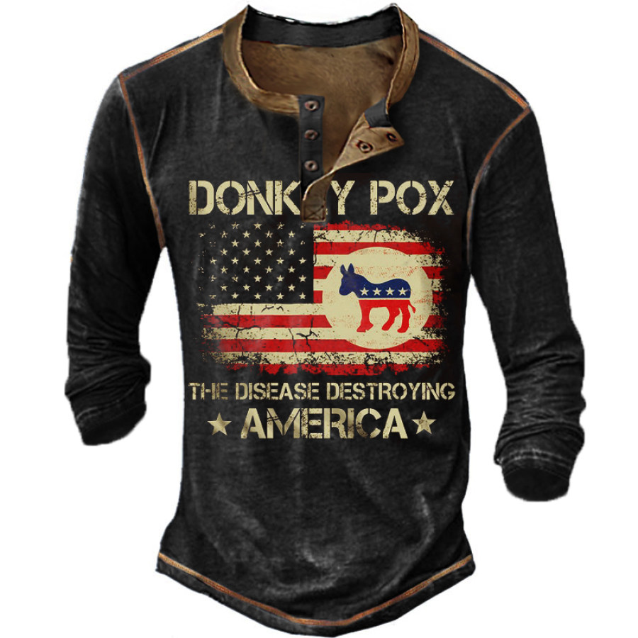 

Donkey Pox The Disease Destroying America Men's Long Sleeve Henley T-Shirt