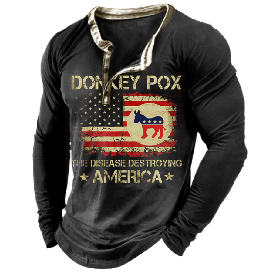 

Donkey Pox The Disease Destroying America Men's Long Sleeve Henley T-Shirt