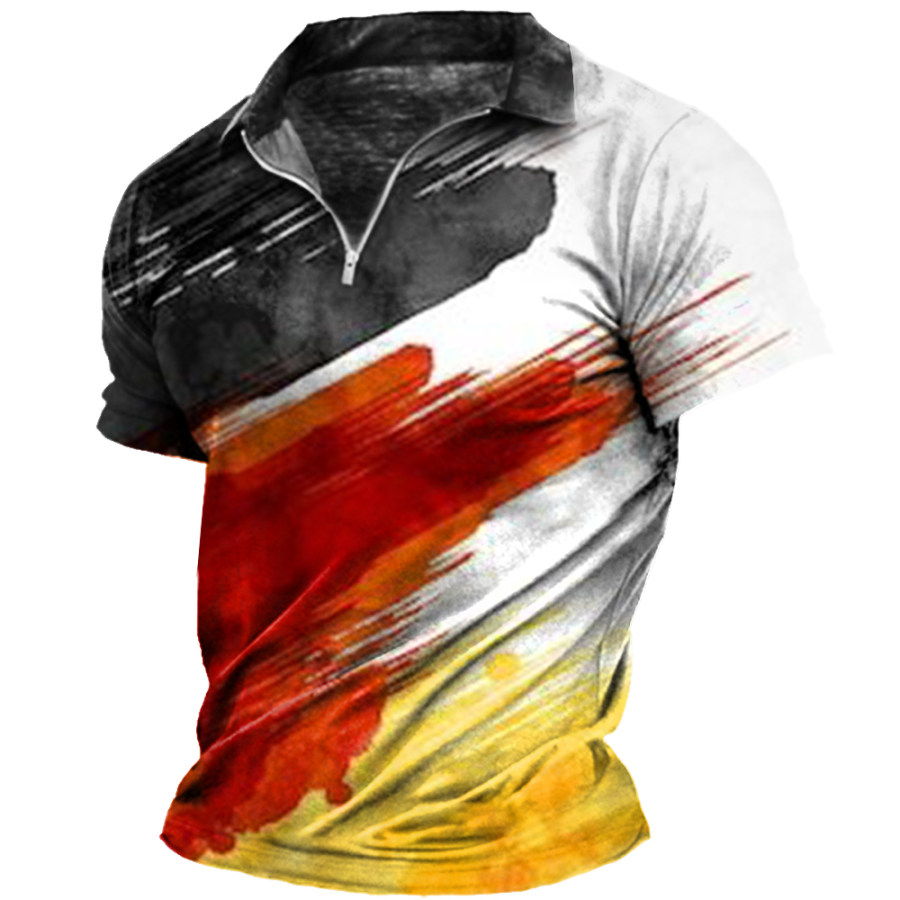 

Men's Vintage German Flag Print Zip Polo Neck T-Shirt