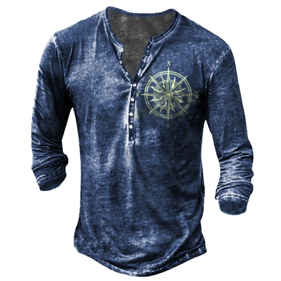 

Camiseta De Manga Larga Con Cuello Henley Y Estampado De Brújula Vintage Para Hombre