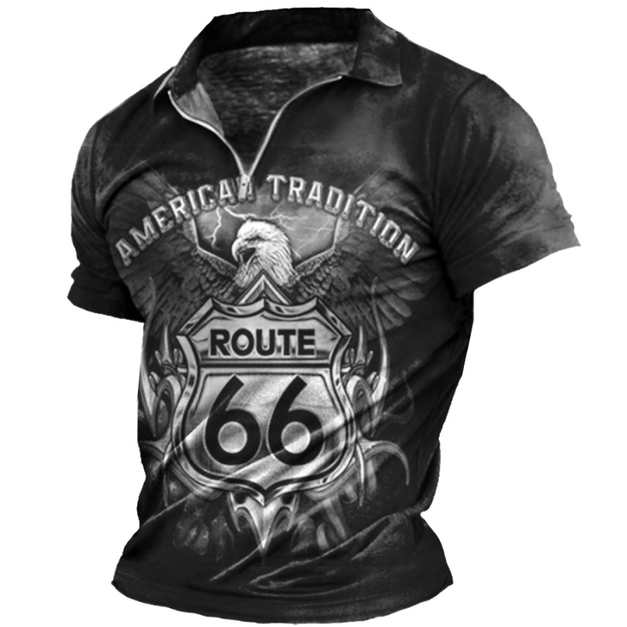 

Men's American Eagle Route 66 Print Zip Polo Neck T-Shirt
