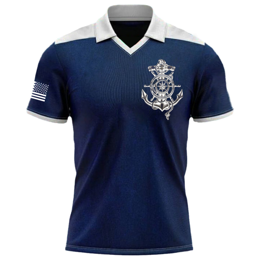 

Men's Outdoor Anchor Compass American Flag Print Polo Neck T-Shirt
