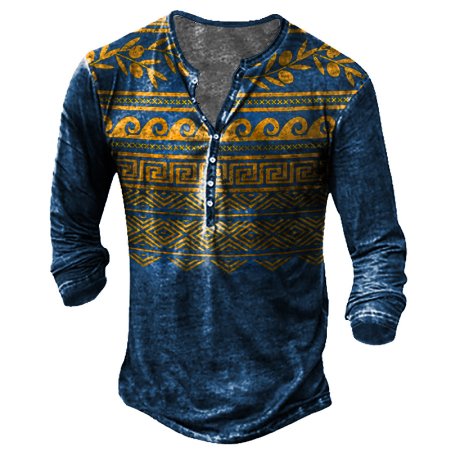 

Men's Western Totem Vintage Print Long Sleeve Henley Collar T-Shirt