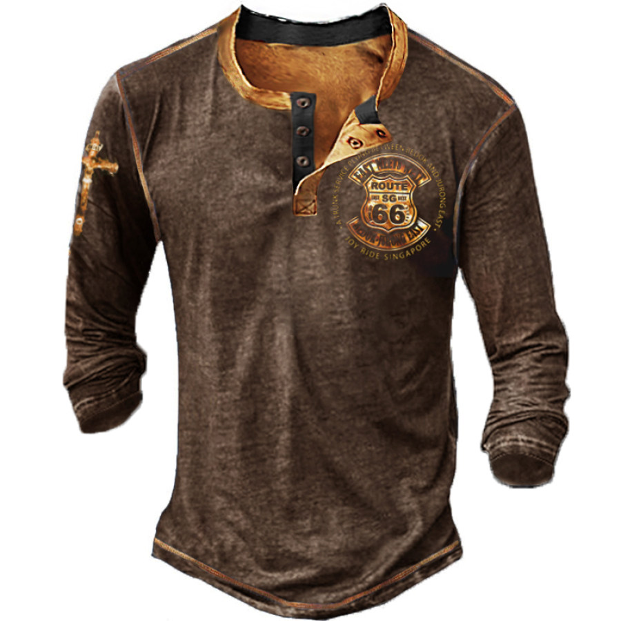 

Men's Retro Button Printed Long-sleeved T-shirt