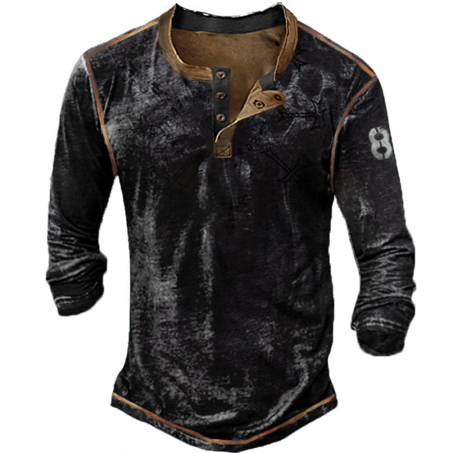 

Mens Outdoor Long-sleeved Skull Print Quick-Drying Henley Shirt