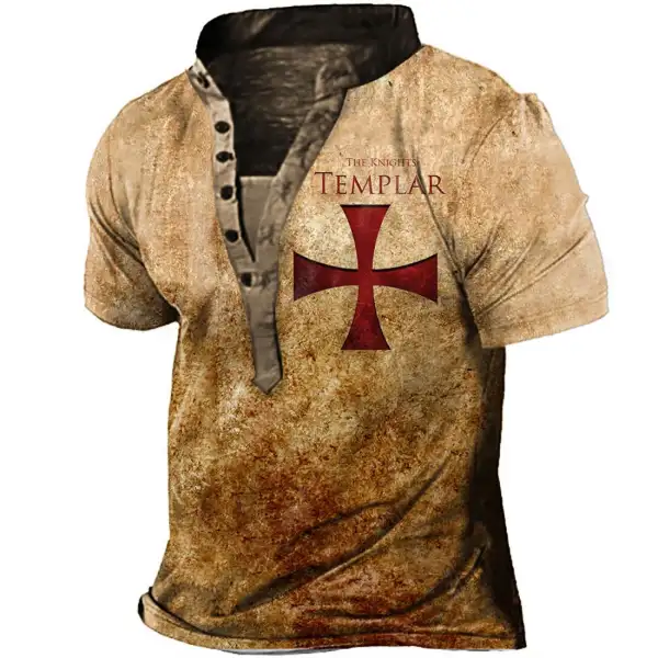Men's Vintage Knights Templar Cross Print Henley T-Shirt - Nikiluwa.com 