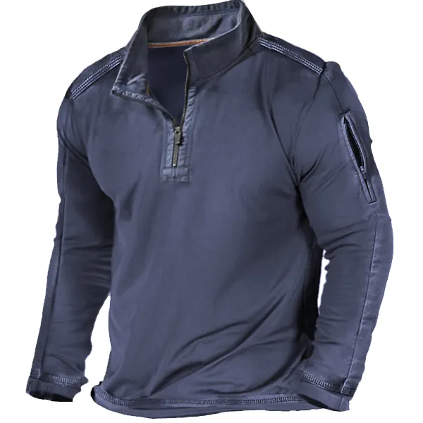 Men's Outdoor Zipper Pocket Half Zip Collar Tactical Long Sleeve T-Shirt - Blaroken.com 