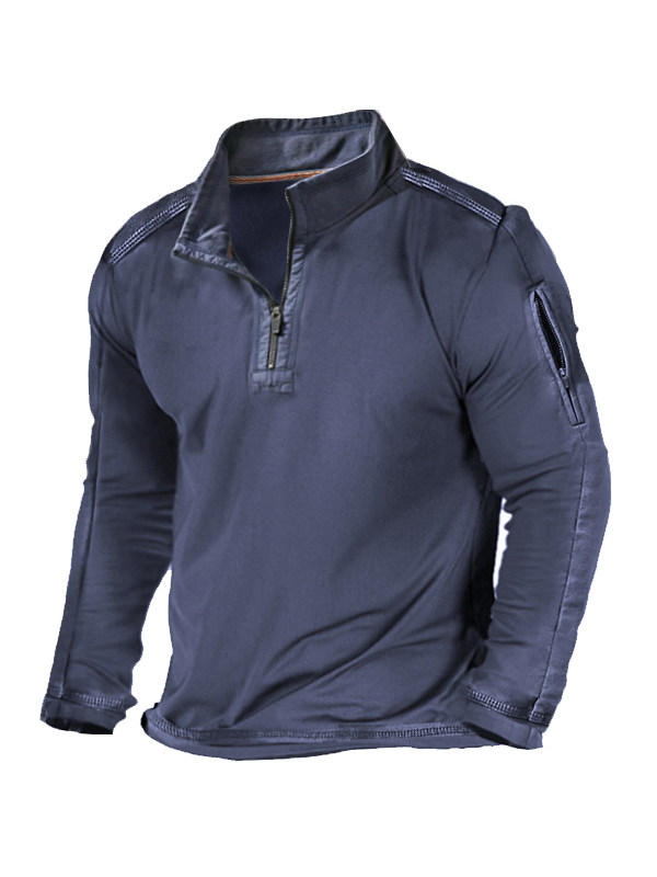 Men's Outdoor Zipper Pocket Half Zip Collar Tactical Long Sleeve T-Shirt