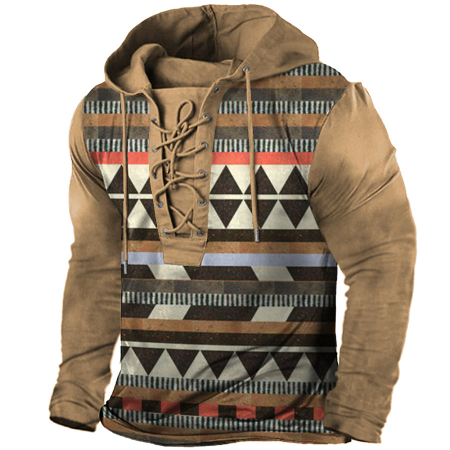 

Men's Vintage Western Geometric Print Lace-Up Hooded Long Sleeve T-Shirt
