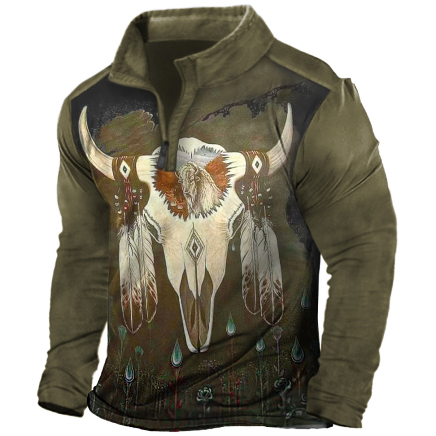 

Men's Vintage Western Indian Horn Print Zip Stand Collar Long Sleeve T-Shirt