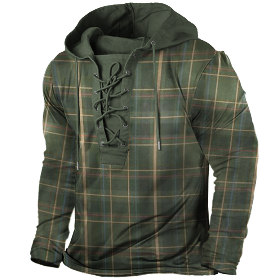 

Men's Outdoor Vintage Plaid Print Lace-Up Hooded Long Sleeve T-Shirt