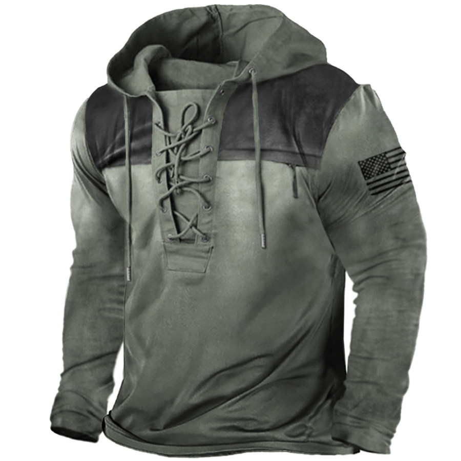 

Men's Outdoor Tactical Patchwork Zip Pocket Tie Hooded Long Sleeve T-Shirt