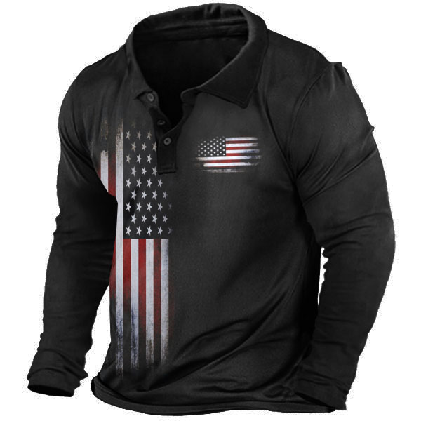 Men's American Flag Polo Chic Long Sleeve Training Shirt