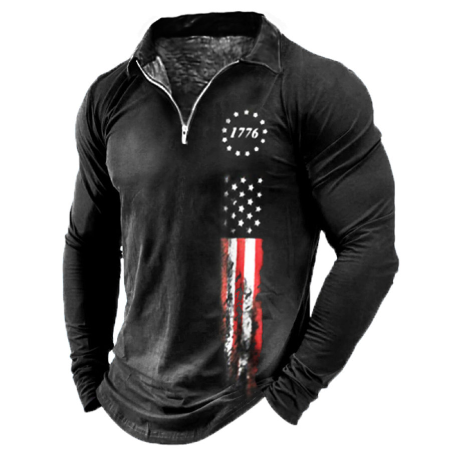 

Men's 1776 Print Patriotic Long Sleeve Zip Polo Shirt