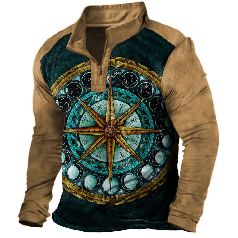

Men's Vintage Compass Zip Stand Collar Long Sleeve T-Shirt