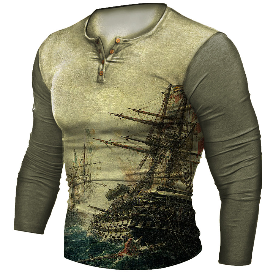 

Men's Vintage Sailing Nautical Print Henley Collar Long Sleeve T-Shirt